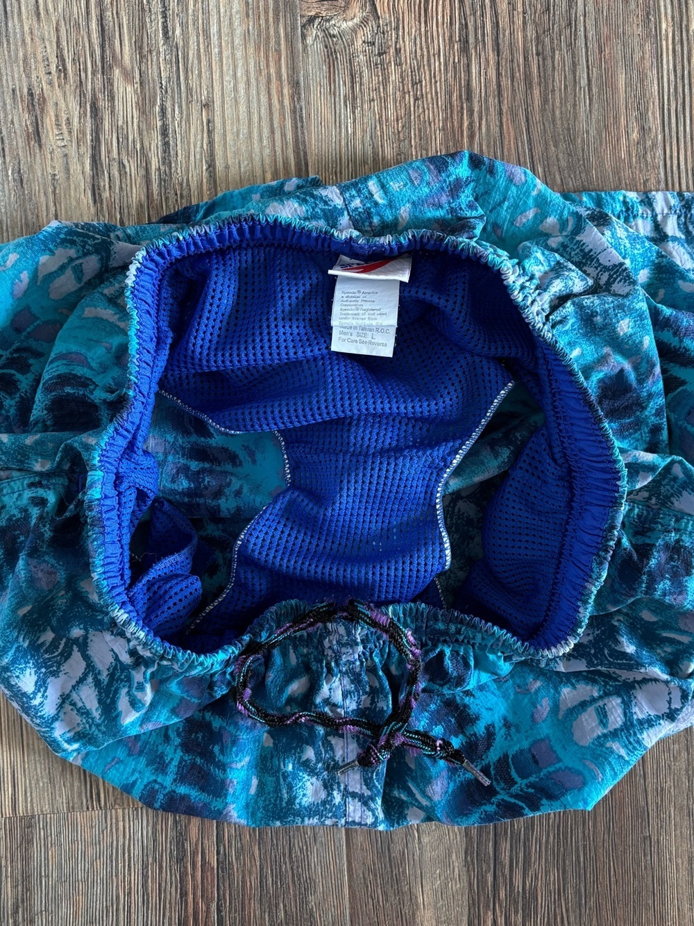 Vtg Speedo Swim Trunks Shorts Mens L Blue Psychedelic Bold Print Mesh Lined 80s - Picture 9 of 12
